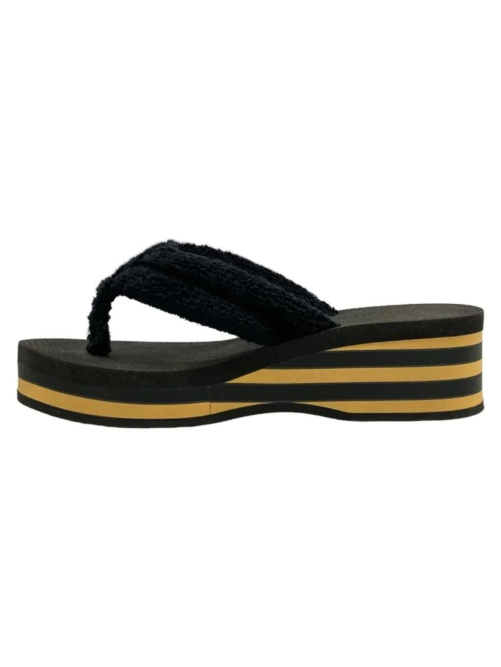 Chanel Beach Sandals Black Light Brown CC Logo Border Wedge Cotton